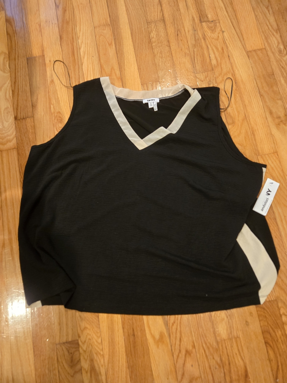DKNY Black Sleeveless V-Neck Tank with Cream Trim